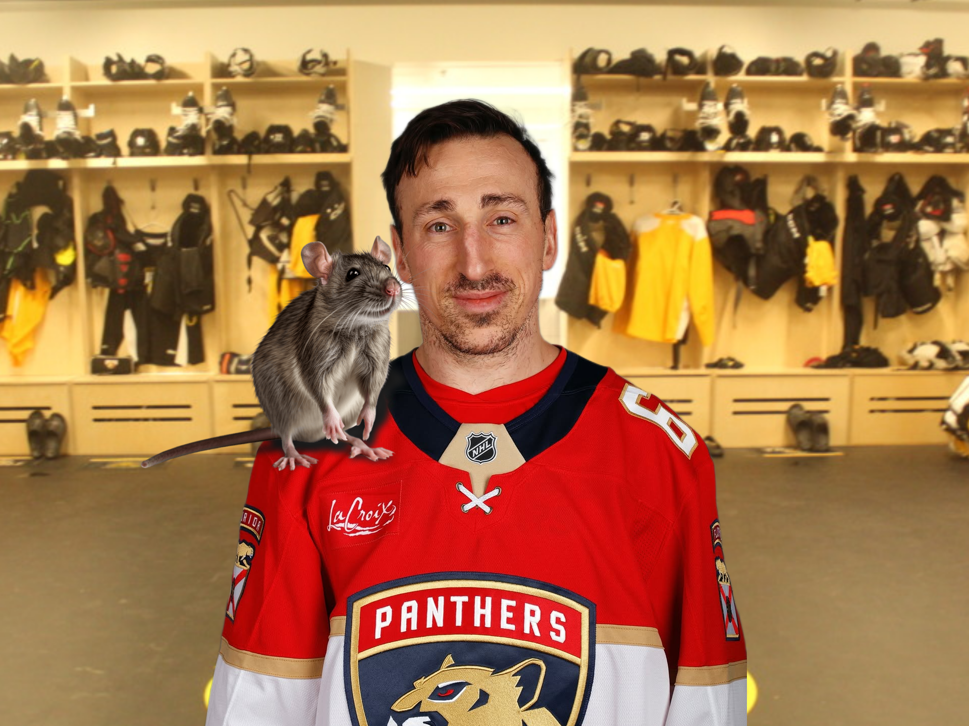 Brad Marchand standing in a change room with a rat on his shoulder