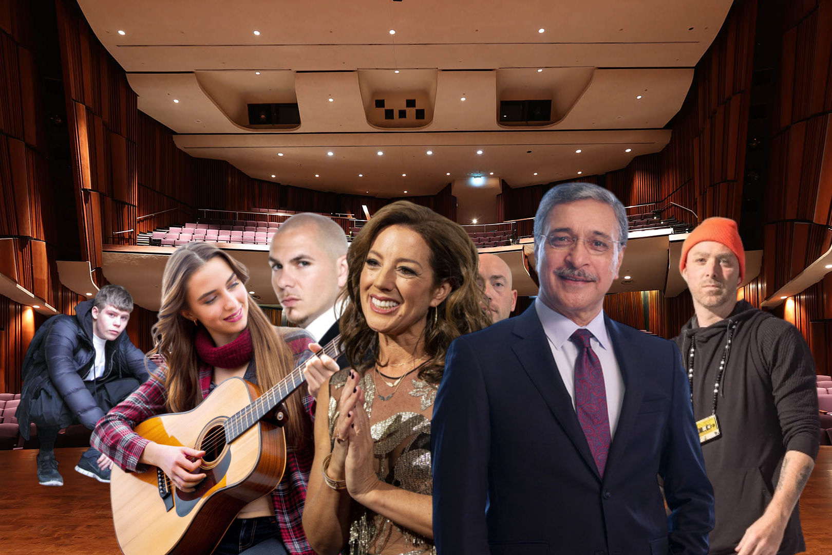 Dalhousie concert hall with pictures of Yung Lean, Pitbull, Sarah McLachlan, Deep Saini, Classified, Marco MacLeod, and an unnamed teenage girl holding a guitar edited in front.
