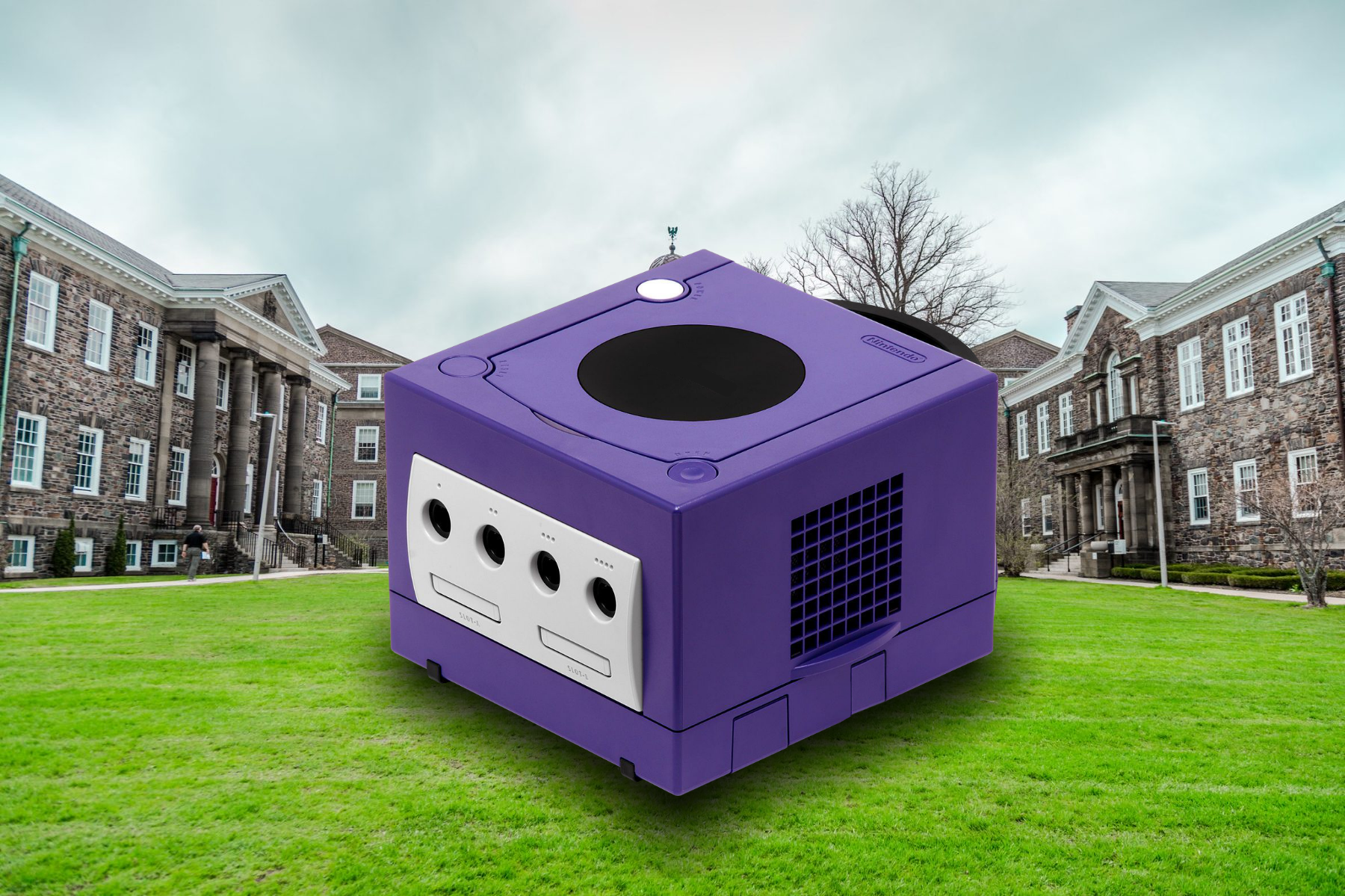 A Giant Nintendo Gamecube sitting in the center of the Dalhousie Studley Quad