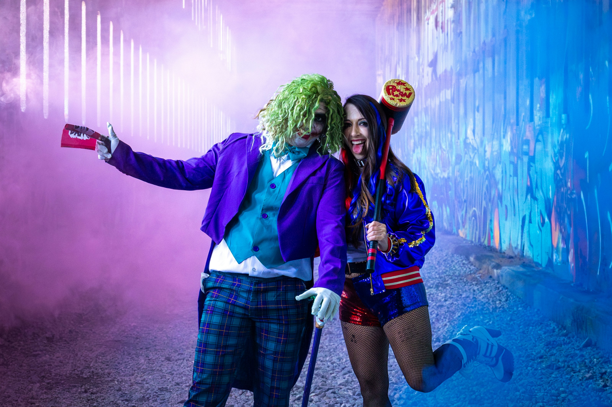 Couple dressed as the Joker and Harley Quinn