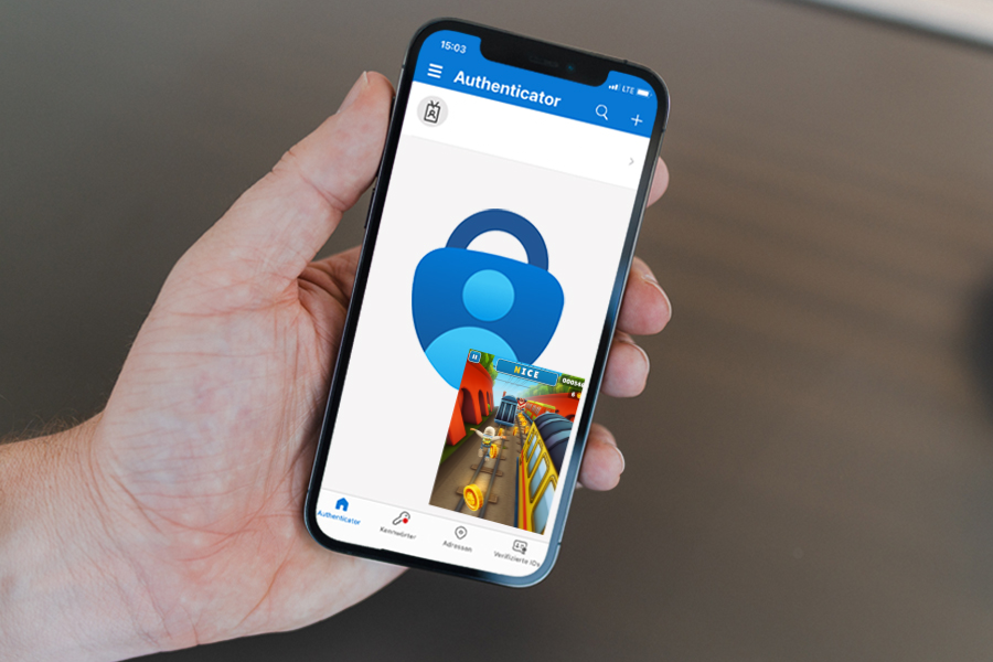 Microsoft Authenticator with Subway Surfers in the corner